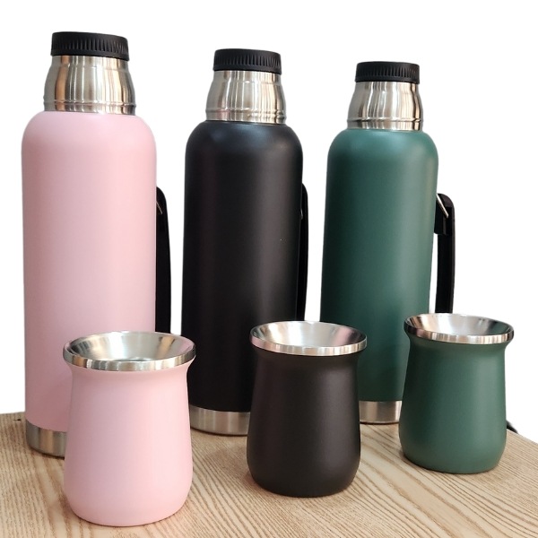 Termos 1 Lt con tapon, tapa y mate en acero inoxidable
